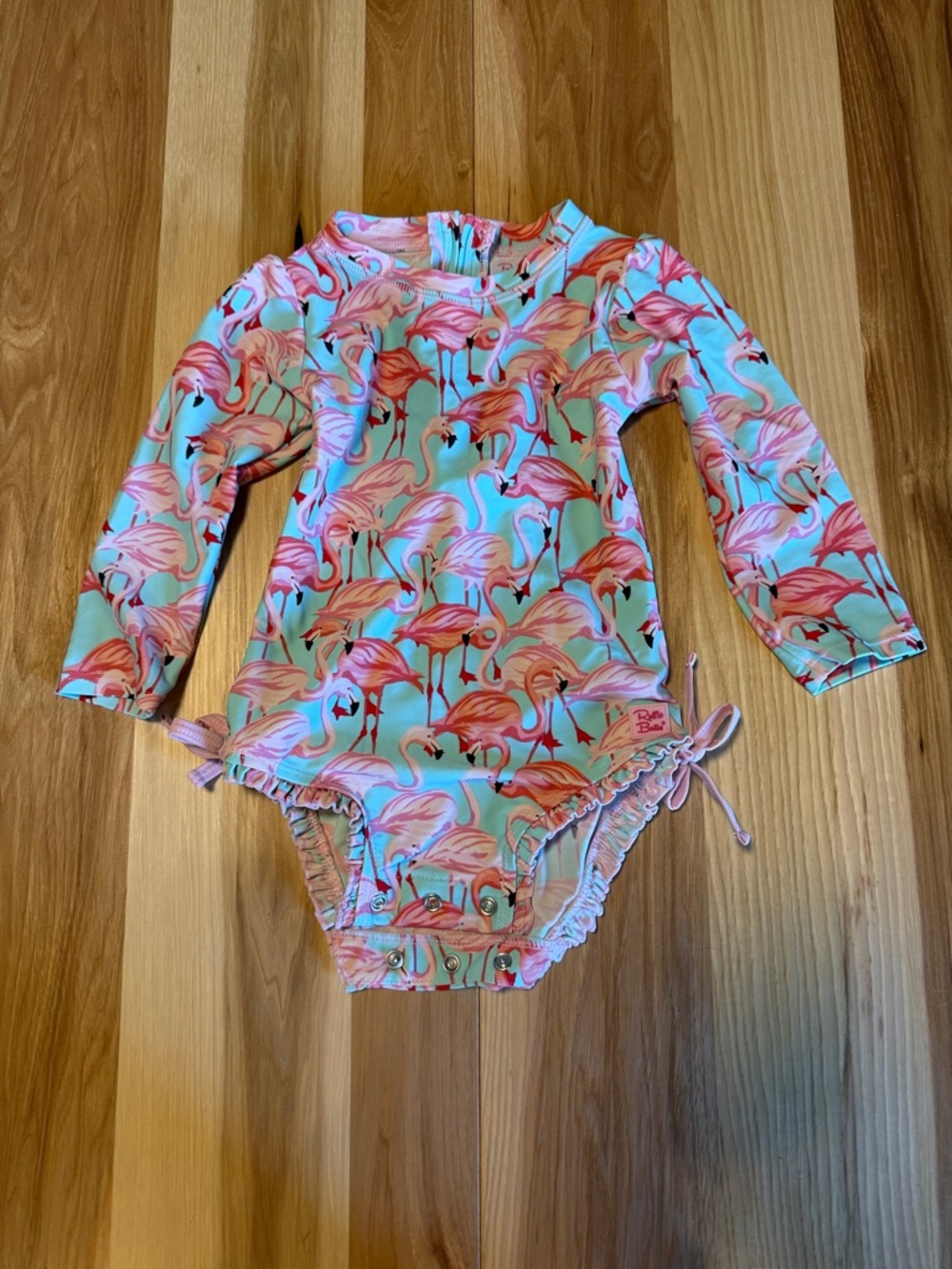 Rufflebutts Baby Long-Sleeve Flamingo Rashguard One-Piece Swimsuit - Pink Aqua